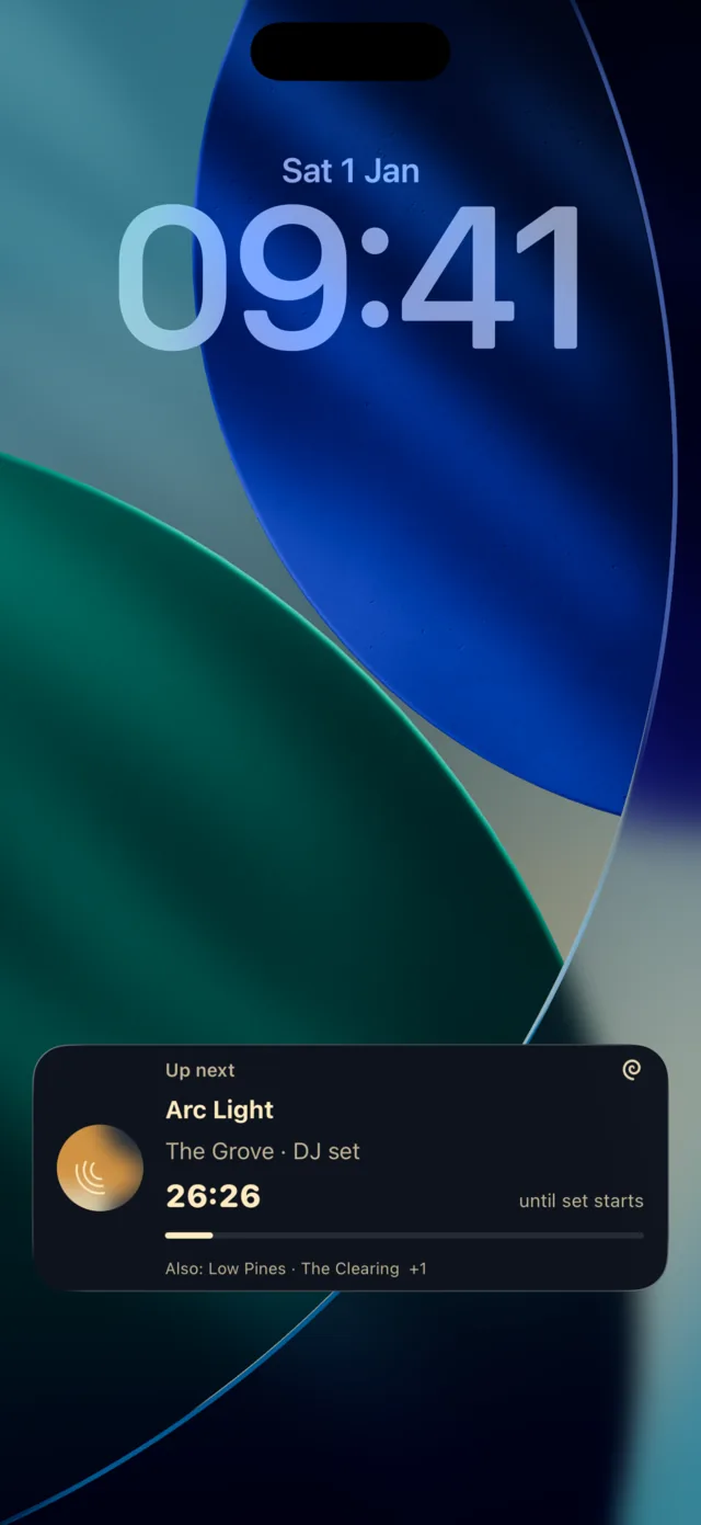 iOS lock screen showing a Flux Live Activity counting down to the next set